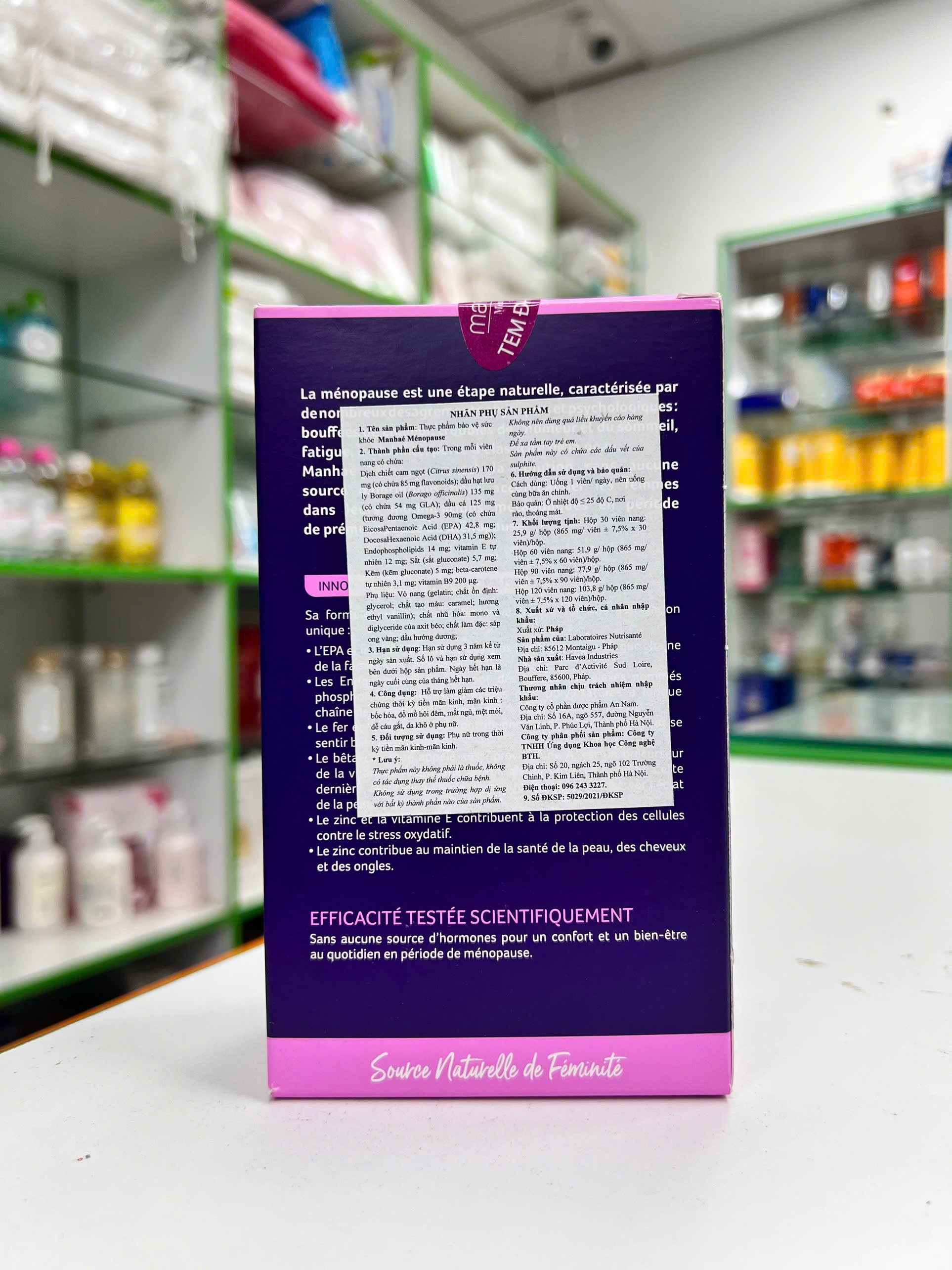 Viên uống cân bằng nội tiết Manhae Ménopause 90viên — mặt hộp hiển thị Endophospholipids, Fer, Zinc và 90 capsules